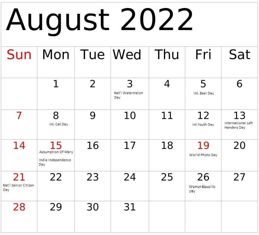 August 2022 Calendar With Bank Holidays