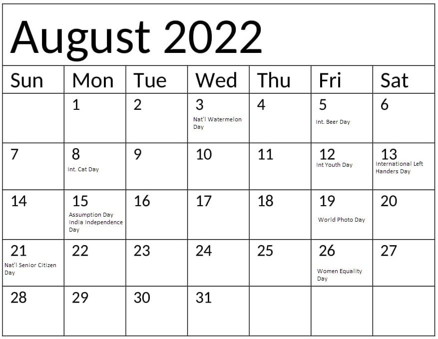 August 2022 Calendar With Holidays Canada