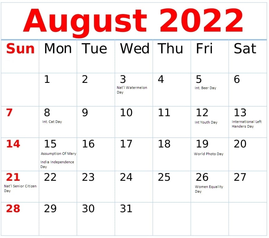 August 2022 Calendar With Holidays USA