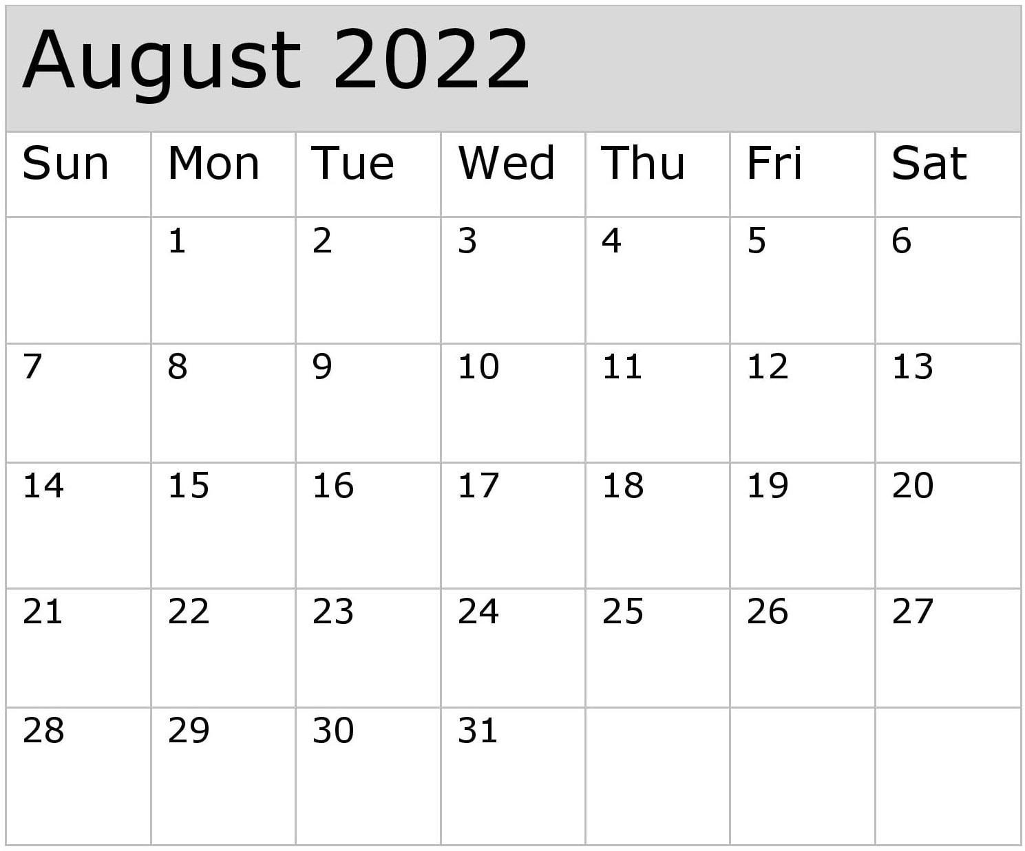 August Calendar 2022