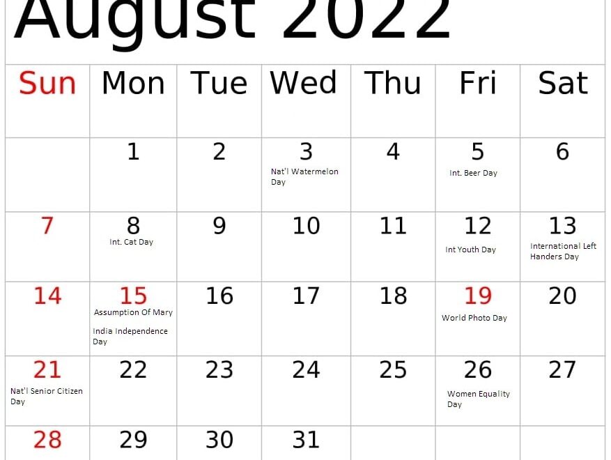 Free Printable August 2022 Calendar With Holidays