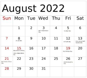 Free Printable August 2022 Calendar With Holidays pdf
