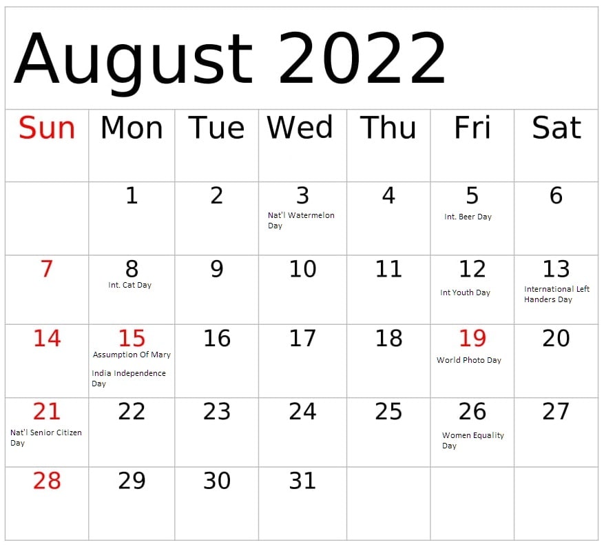 August 2022 Calendar With Holidays USA