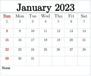 January 2023 Calendar Template With Notes pdf
