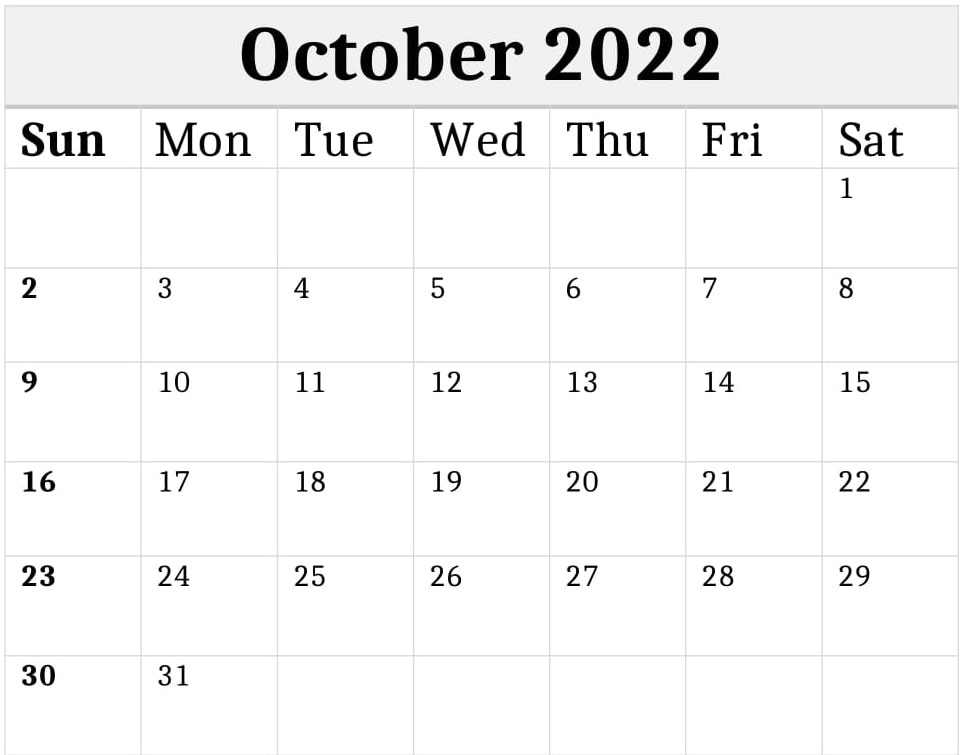 October 2022 Calendar Printable