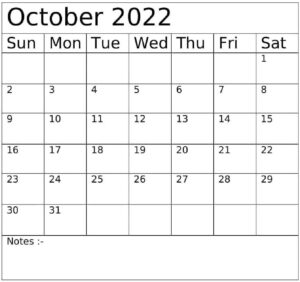 October 2022 Printable Calendar pdf