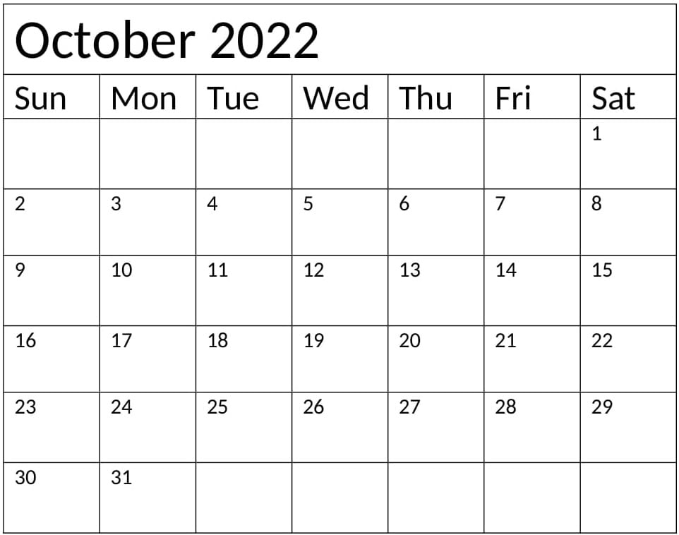 October Calendar 2022