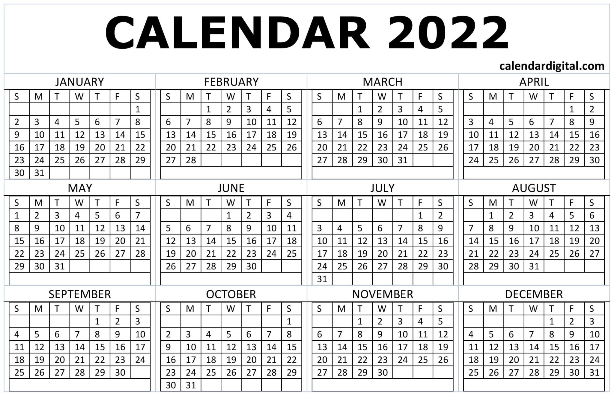 2022 Calendar Printable One Page PDF