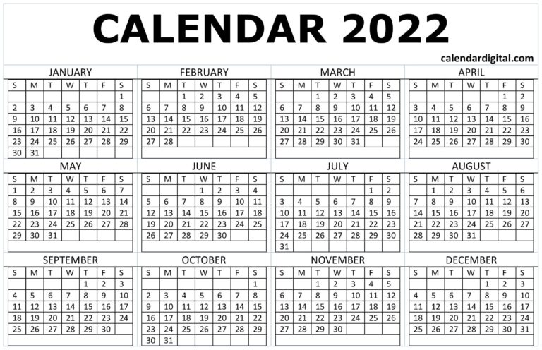 2022 Calendar Printable One Page PDF