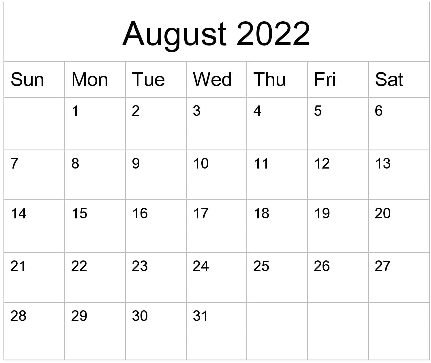 August 2022 Calendar For PDF Template