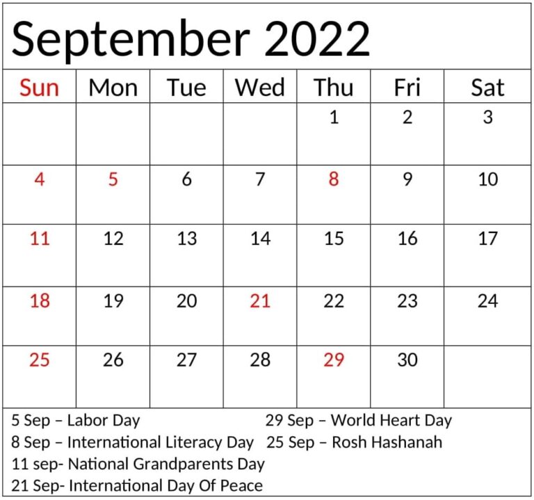 September 2022 Calendar With Holidays