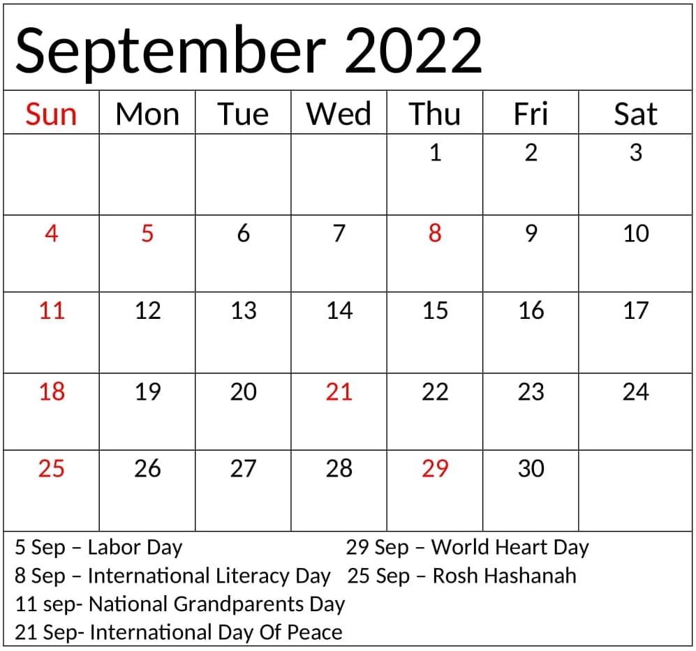 September 2022 Calendar With Holidays