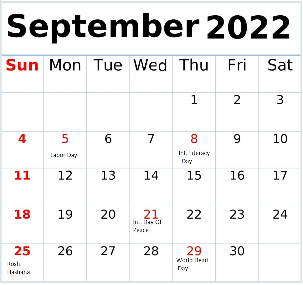 September 2022 Calendar With America Holidays