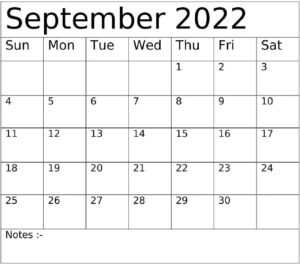 September 2022 Calendar With Notes pdf