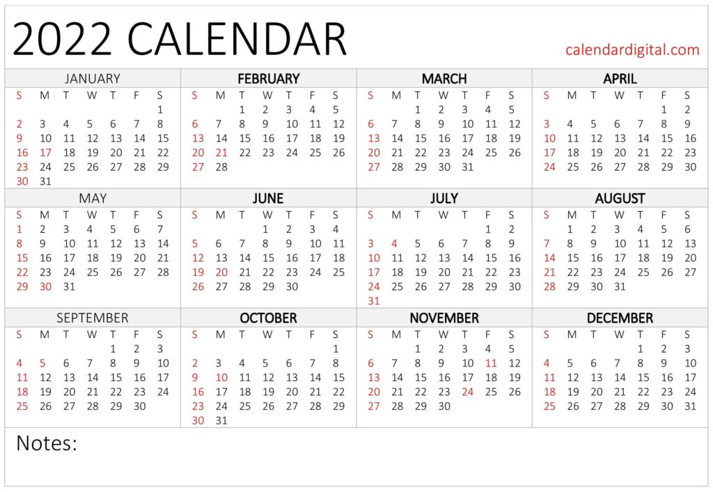 Year 2022 Calendar With Notes - CALENDAR DIGITAL