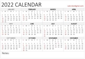 Year 2022 Calendar With Notes pdf