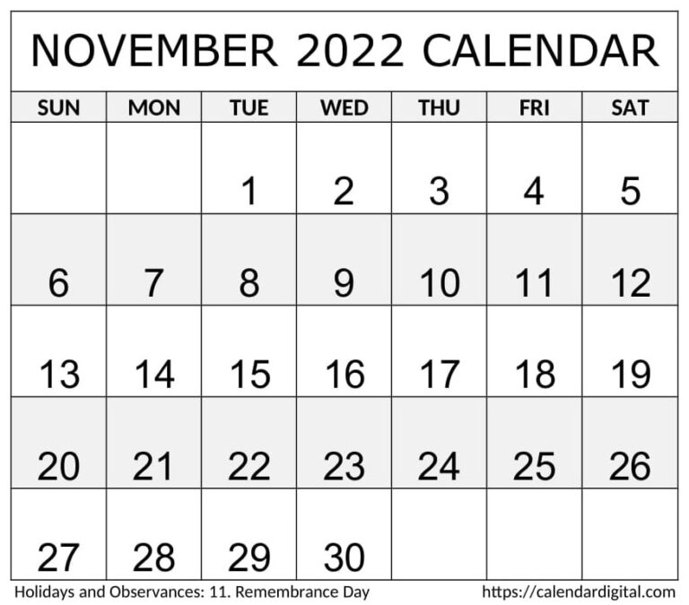 November 2022 Calendar Printable PDF - Calendar Digital