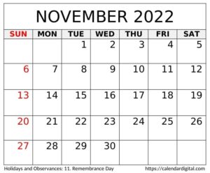 November 2022 Calendar Printable PDF - Calendar Digital