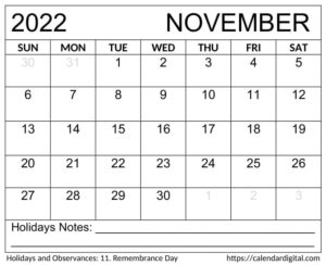 November 2022 Calendar Printable PDF - Calendar Digital