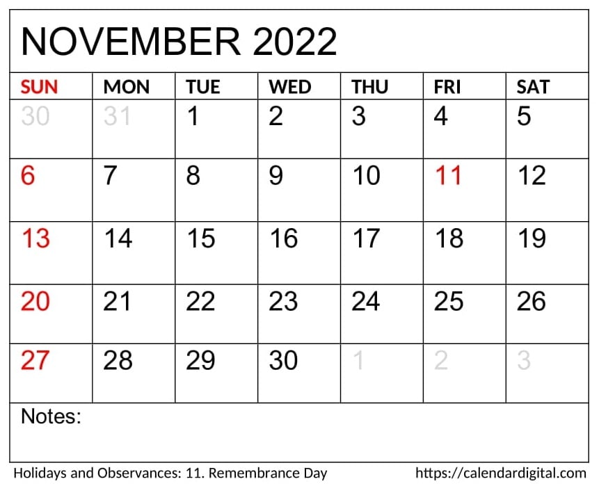 November 2022 Calendar Printable PDF - Calendar Digital