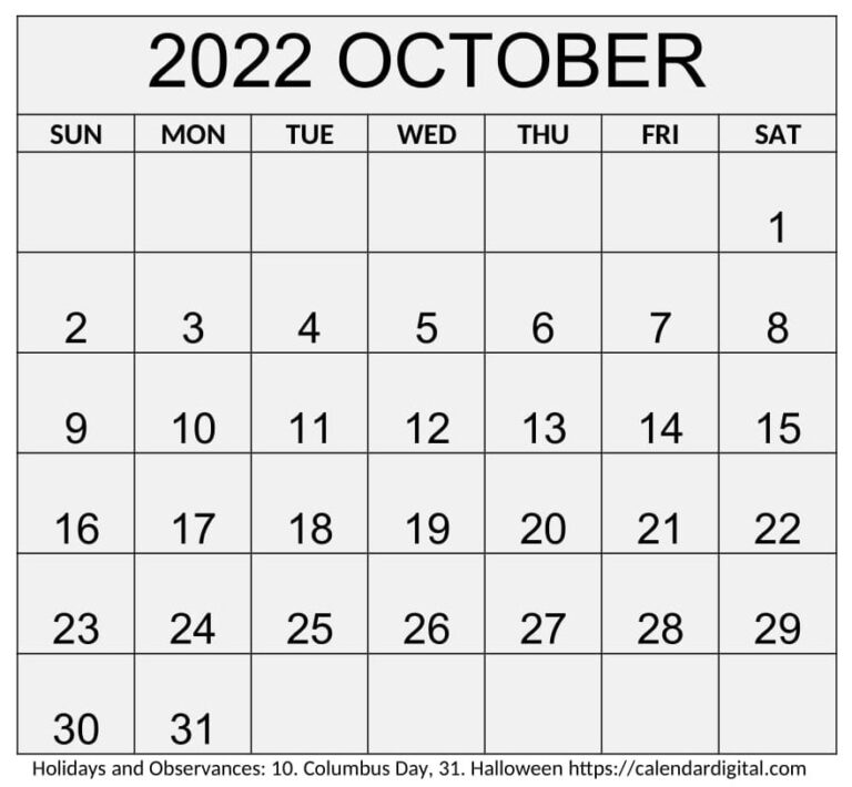 October 2022 Calendar Printable Portrait Templates