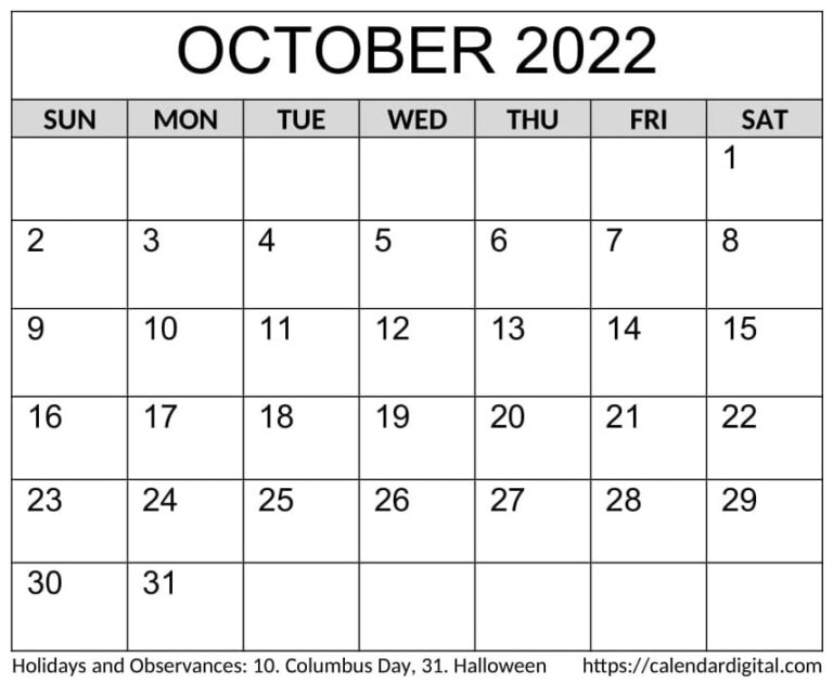 October 2022 Calendar Printable Portrait Templates