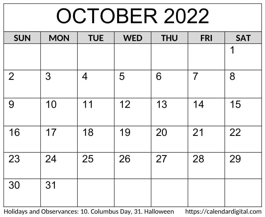 Printable October 2022 Calendar