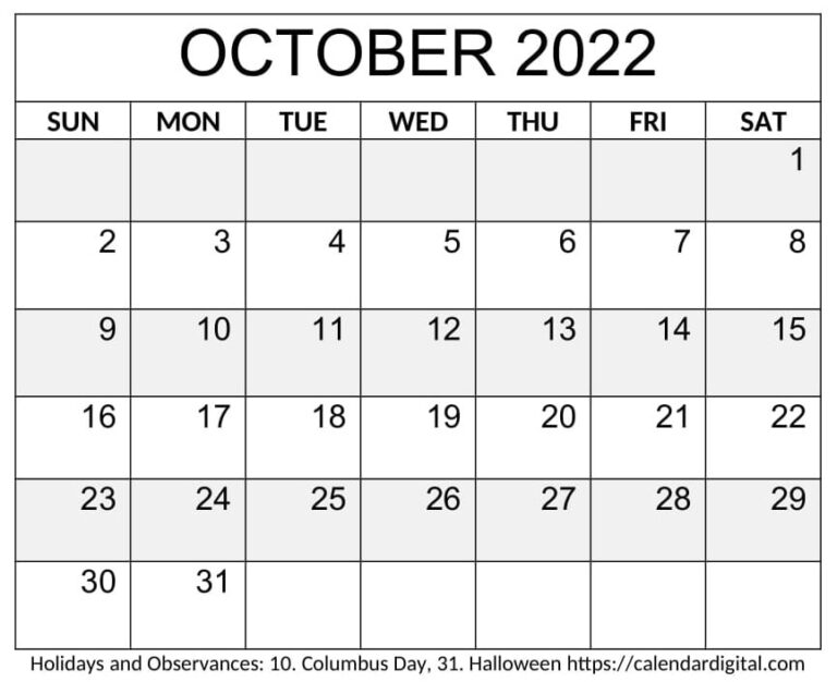 October 2022 Calendar Printable Portrait Templates