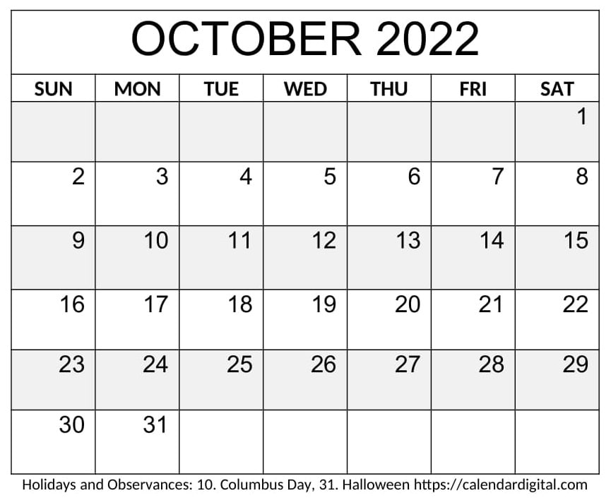 October 2022 Calendar Printable