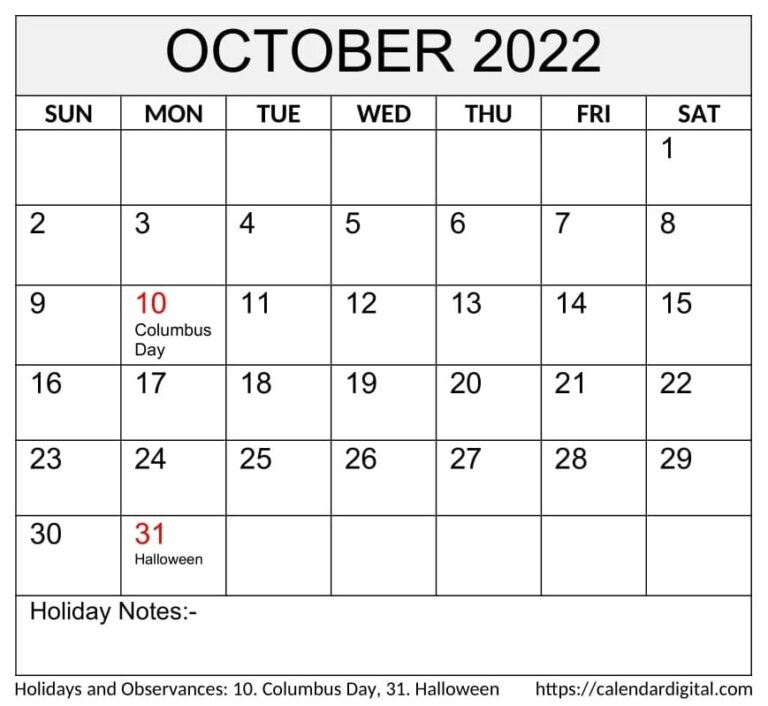 October 2022 Calendar With Holidays Printable