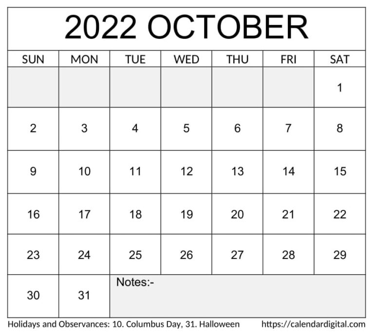 October 2022 Calendar With Holidays Printable