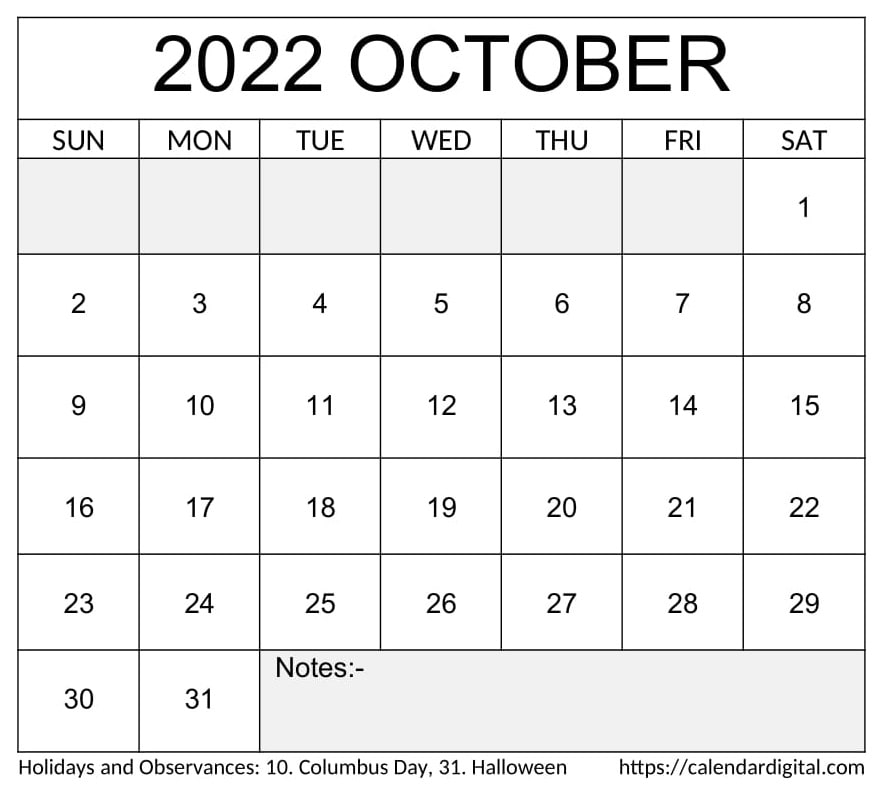 October 2022 Calendar Cute