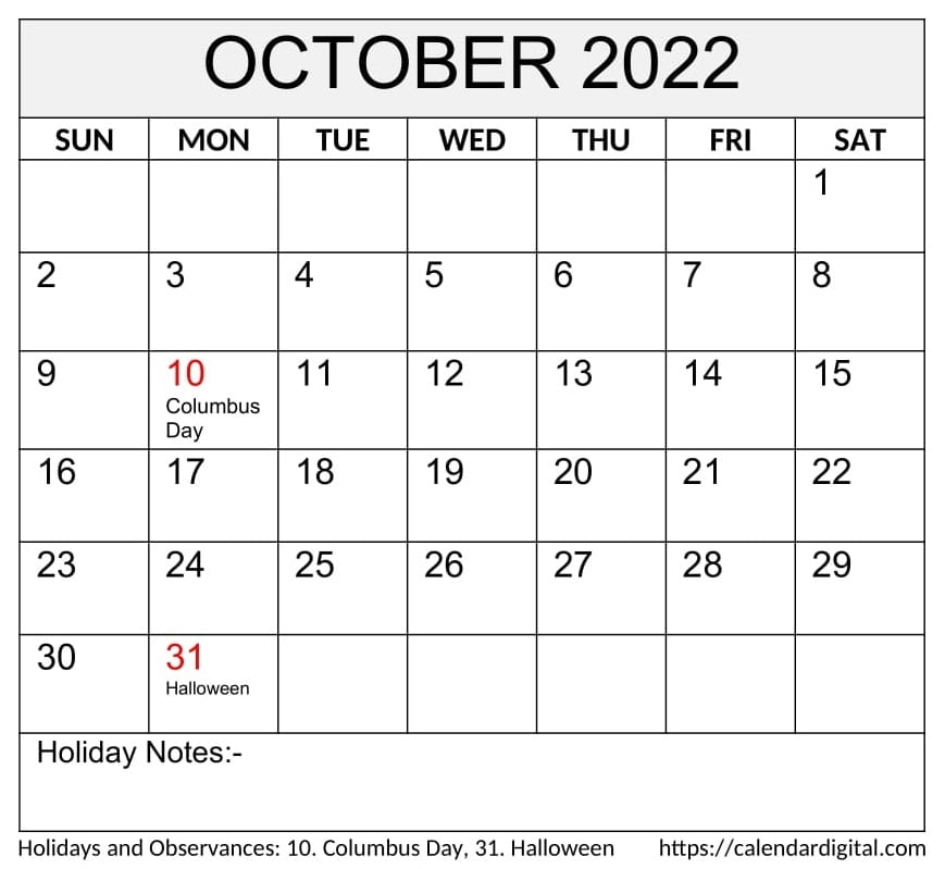 October 2022 Calendar With Holidays