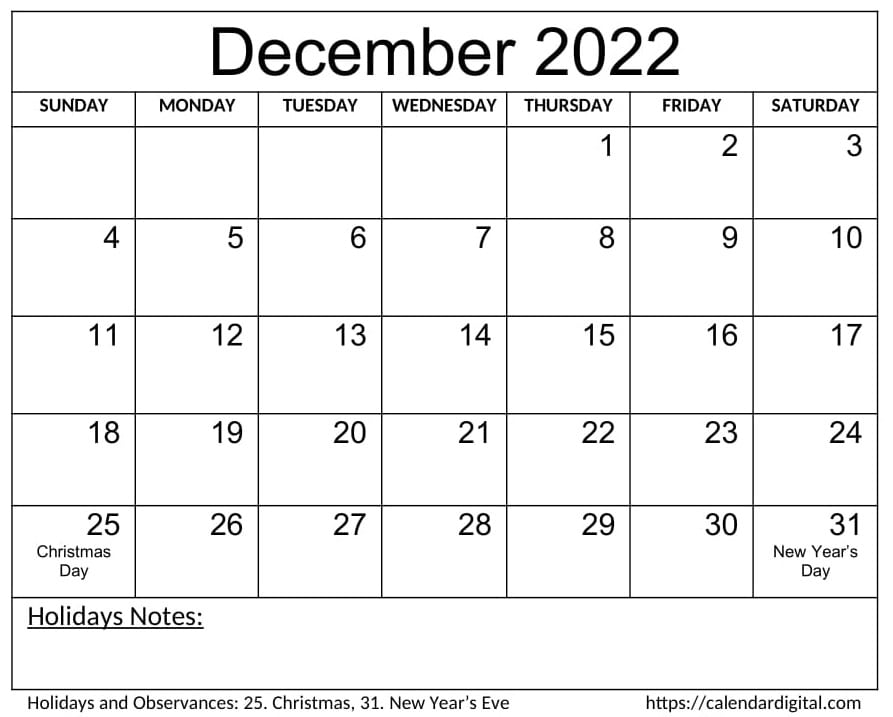 December 2022 Calendar with Holidays - Calendar Digital