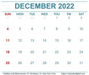 Free Printable December 2022 Calendar With Holidays