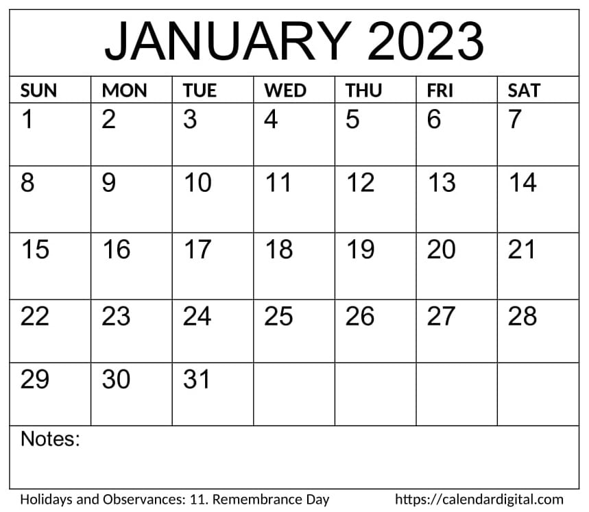 Free Printable January 2023 Calendar 