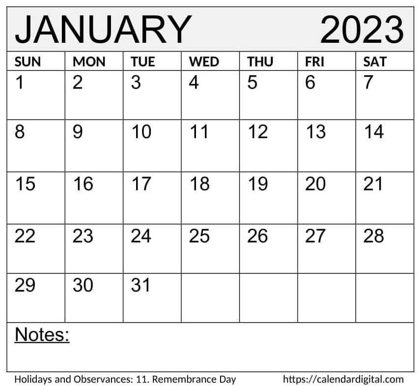 2023 January Calendar With Holidays