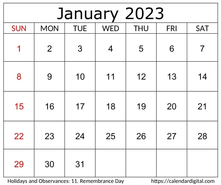 January Calendar 2023 With Holidays