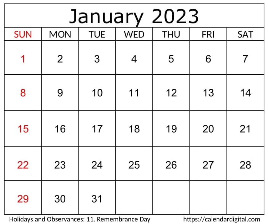 January 2023 Calendar With Holidays - Calendar Digital