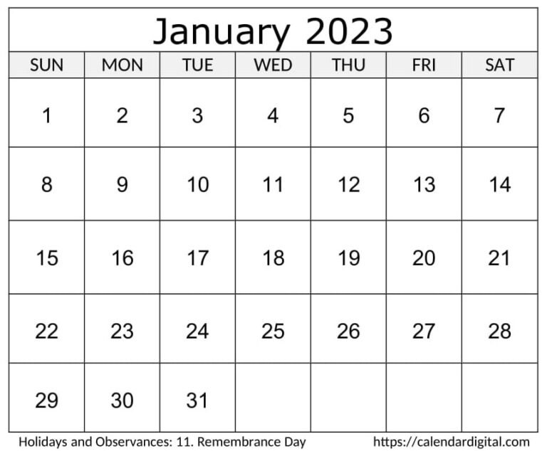 January 2023 Calendar Printable Vertical Template PDF