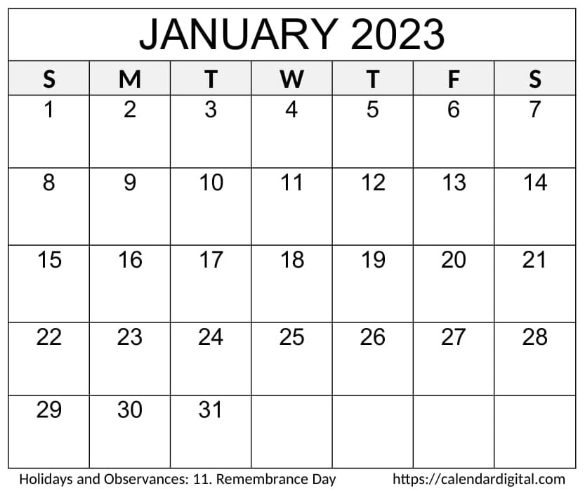 Calendar January 2023 With Holidays