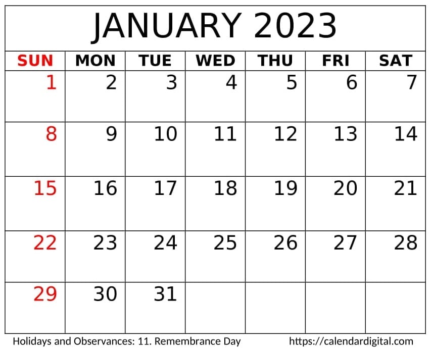 January 2023 Printable Calendar 