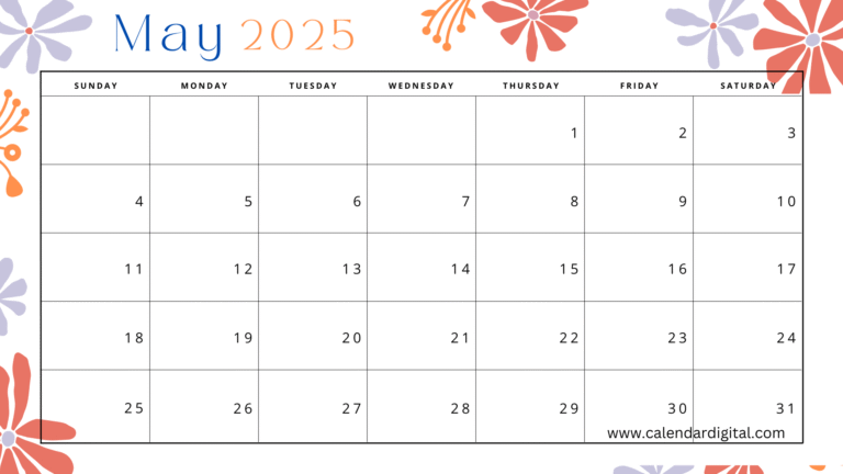 May 2025 Monthly Calendar Floral Illustration