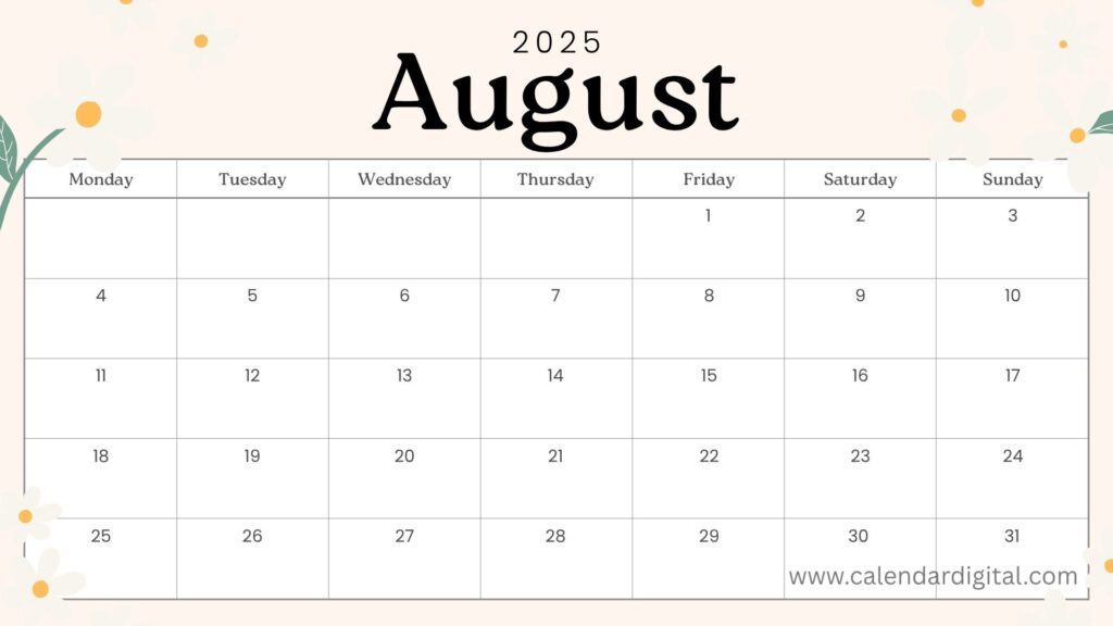 August Calendar 2025 with Holidays Printable PDF 4 August Calendar 2025 Printable Template