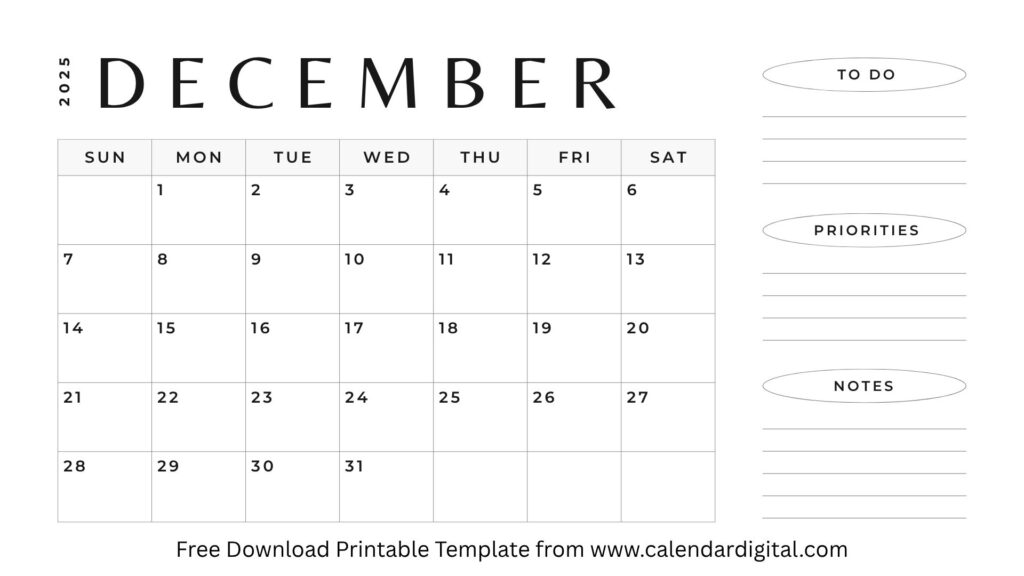 December 2025 Calendar Printable with Holidays | Free PDF Download 3 December 2025 Calendar White Black Simple Template