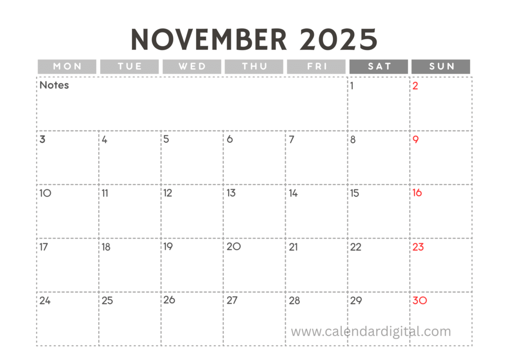 November 2025 Calendar Monthly Template with Notes