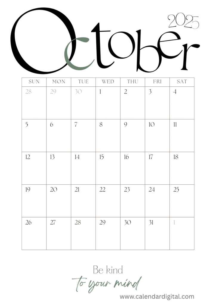 October 2025 Calendar Monthly Template Download