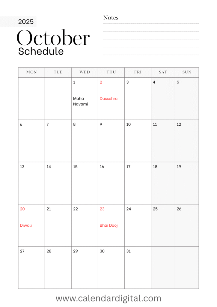October 2025 Calendar Printable Planner Document