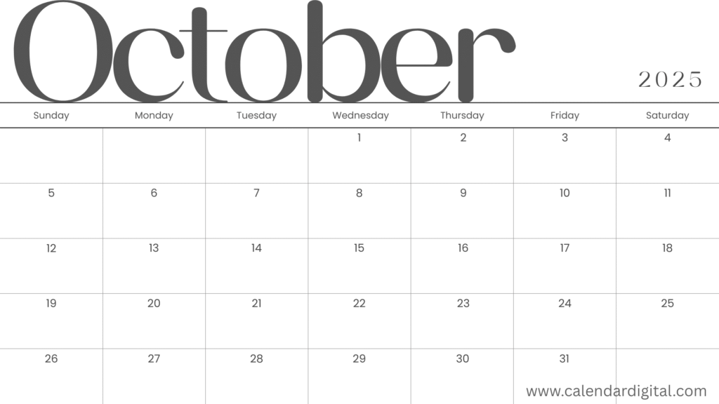 October 2025 Printable Calendar Landscape