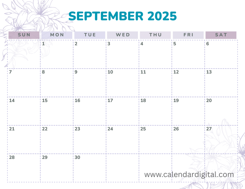 September 2025 Calendar with Holidays: Plan Your Month with Ease 6 Printable September 2025 Calendar Purple White Pretty Flowers